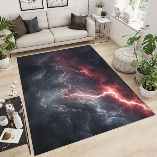 Generisch Teppich Schlafzimmer 60x90cm Roter Blitz Teppich waschbar in Waschmaschine Waschbarer Flurläufer mit abstraktem Muster, rutschfest und für alle Böden geeignet E4.2-6-1876 von Generisch