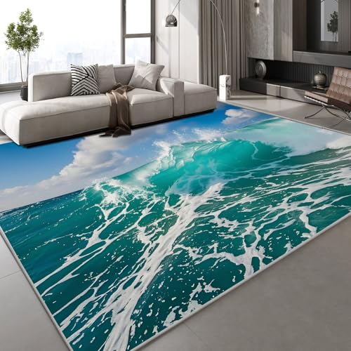 Generisch Teppich Schlafzimmer 80x120 cm Wellen Ozean Kinderteppich Dekoration Carpets Natur Landschaft Teenager Kurzflor Flanell Teppiche rutschfeste Spielteppiche für Schlafzimmer Wohnzimmer von Generisch