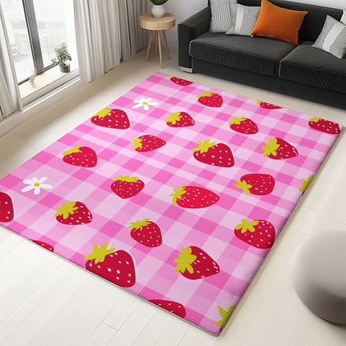 Generisch Teppich Schlafzimmer Rosa Wohnzimmer Teppich, Waschbar Kurzflor Antirutsch Weiche Teppiche für ür Badezimmer Esszimmer FlurCartoon Stil Obst Erdbeere 180 x 240 cm von Generisch