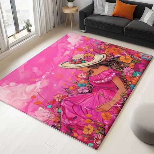 Generisch Teppich Schlafzimmer Rosa Wohnzimmer Teppich, Waschbar Kurzflor Antirutsch Weiche Teppiche für ür Badezimmer Esszimmer FlurCartoon Stil Schöne Frau 180 x 240 cm von Generisch