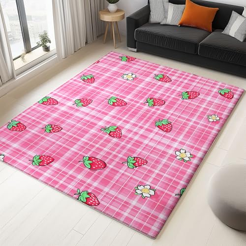 Generisch Teppich Schlafzimmer Rosa Wohnzimmer Teppich, Waschbar Kurzflor Antirutsch Weiche Teppiche für ür Badezimmer Esszimmer FlurEinfach Minimalistisch Obst Erdbeere 180 x 240 cm von Generisch