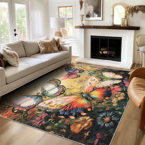 Generisch Teppich Schmetterling Blumen Wohnzimmer 120x180 Waschbar, Bunt Muster Insekt Kunst Pflanze Teppiche Gegend Schlafzimmer Deko & Wohnaccessoires, Kurzflor, Weich, rutschfest von Generisch