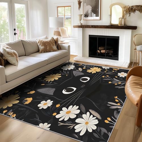 Generisch Teppich Schwarze Katze, 160x220, Wohnzimmer Schlafzimmer, Gänseblümchenblume Motiv Design Zimmer Deko, Waschbar, rutschfest, Kurzflor, Weich von Generisch