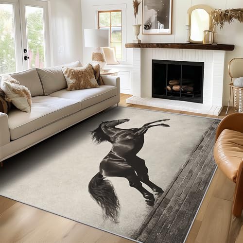 Generisch Teppich Schwarzes Pferd, 140x200, Wohnzimmer Schlafzimmer, Rustikale Vintage Tiere Motiv Design Zimmer Deko, Waschbar, rutschfest, Kurzflor, Weich von Generisch