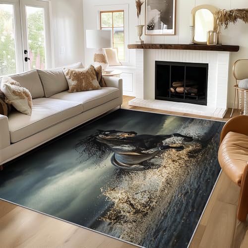 Generisch Teppich Schwarzes Pferd, 200x300, Wohnzimmer Schlafzimmer, Tier Motiv Design Zimmer Deko, Waschbar, rutschfest, Kurzflor, Weich A1043 von Generisch