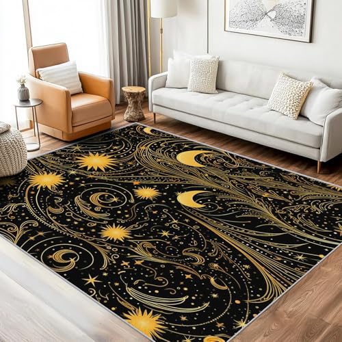 Generisch Teppich Sternennacht Abstrakte Wohnzimmer 200x200 Waschbar, Mond Sterne Himmelskörper Universum Sonne Teppiche Gegend Schlafzimmer Deko & Wohnaccessoires, Kurzflor, Weich, rutschfest von Generisch