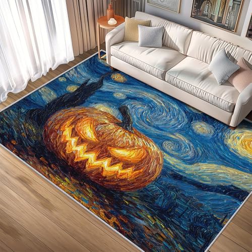 Generisch Teppich Sternennacht Halloween, 60x90, Klein Fußmatte Eingangsbereich, Kürbis Motiv Design Zimmer Deko, Waschbar, rutschfest, Kurzflor, Weich A1256 von Generisch