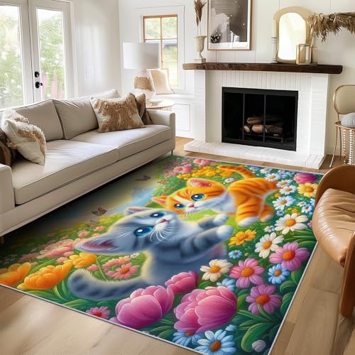 Generisch Teppich Süße Katze, 60x90, Klein Fußmatte Eingangsbereich, Blumen Kätzchen Motiv Design Zimmer Deko, Waschbar, rutschfest, Kurzflor, Weich von Generisch