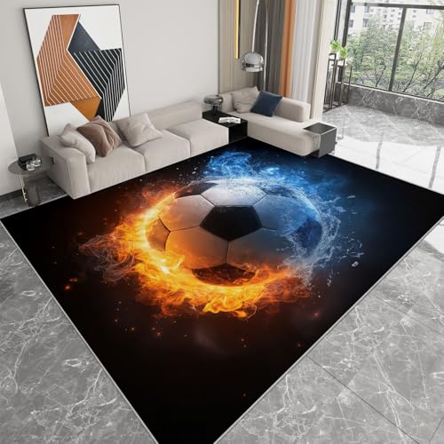 Generisch Teppich Surrealismus EIS Feuer Fußball für Teenager Mädchen Kurzflor Teppiche, Schlafzimmer Wohnzimmer Innenmatte - Waschbar Schwarz rutschfeste Matte 180x240 cm Krabbelmatte für Kinder von Generisch