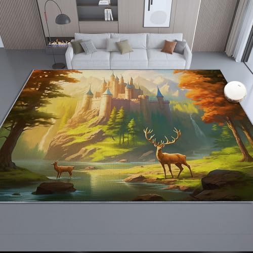 Generisch Teppich Waschbarer Bunt - Moderner Kurzflor rutschfest teppiche Fantasy Schloss Hirsch Muster, Weich Flanell Teppich für Wohnzimmer Schlafzimmer Büro Dekor 140 x 200 cm von Generisch