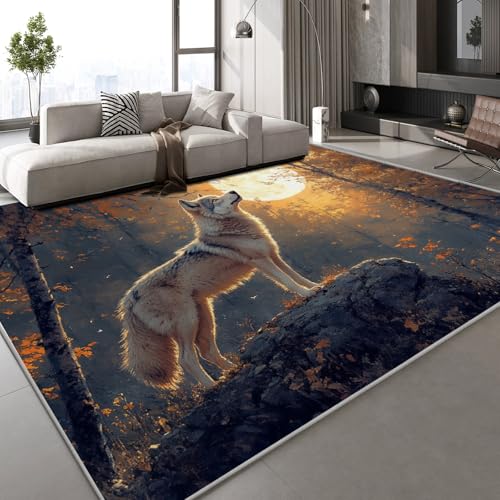 Generisch Teppich Wohnzimmer 140x200 cm 3D Druck Wolfsmond Muster Wald Natur Teppich Kaschmirimitat Anti Rutsch Leicht zu reinigen Waschbare Rückseite für Balkone Korridore Restaurants von Generisch