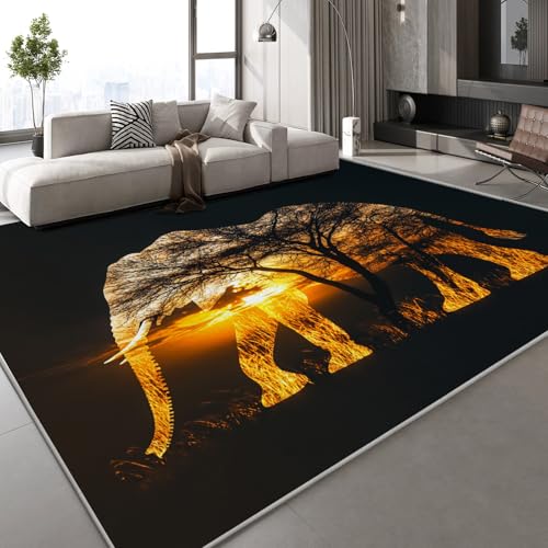 Generisch Teppich Wohnzimmer 140x200 cm Elefant Abstrakt 3D Druck Wald Natur Muster Teppich Kaschmirimitat Anti Rutsch Leicht zu reinigen Waschbare Rückseite für Wohn Arbeitsbereiche,Mietwohnungen von Generisch