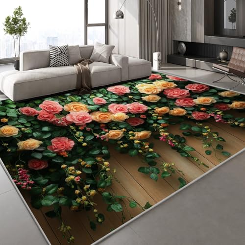 Generisch Teppich Wohnzimmer 150x210 cm 3D Druck Rosen Schmetterlinge Muster Holz Natur Teppich Kaschmirimitat Anti Rutsch Leicht zu reinigen Waschbare Rückseite für Balkone Korridore Restaurants von Generisch