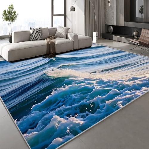Generisch Teppich Wohnzimmer 150x210 cm 3D Druck Wellen Ozean Muster Natur Landschaft Teppich Kaschmirimitat Anti Rutsch Leicht zu reinigen Waschbare Rückseite für Balkone Korridore Restaurants von Generisch