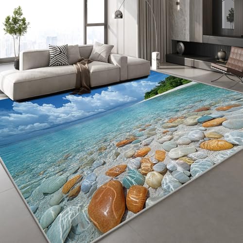 Generisch Teppich Wohnzimmer 150x210 cm Meer Insel 3D Druck Weiße Wolken Natur Muster Teppich Kaschmirimitat Anti Rutsch Leicht zu reinigen Waschbare Rückseite für Wohn Arbeitsbereiche,Mietwohnungen von Generisch