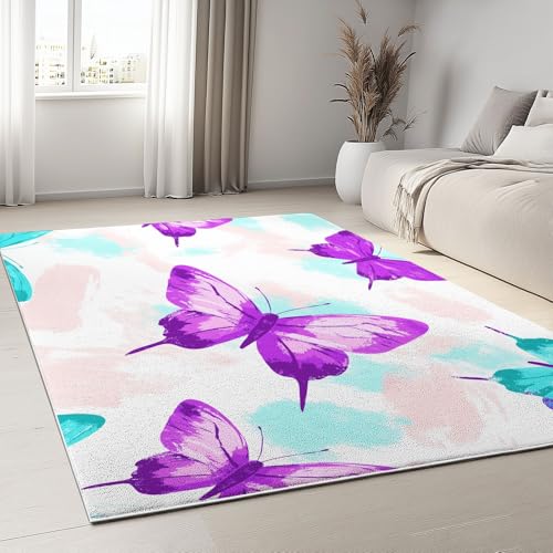 Generisch Teppich Wohnzimmer 160 x 230cm Rechteckig Lila Schmetterlinge Muster- Rutschfester Teppich Schlafzimmer, Esszimmer, Küche Weich Flauschiger Extra Weich Tepich Einfache Reinigung - Carpet von Generisch