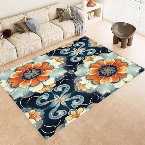 Generisch Teppich Wohnzimmer 160x230 cm 3D Druck Blume Plaid Blau Muster Teppich Kaschmirimitat Anti Rutsch Leicht zu reinigen Waschbare Rückseite für Wohn Arbeitsbereiche Perfekt für Mietwohnungen von Generisch