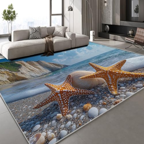 Generisch Teppich Wohnzimmer 160x230 cm 3D Druck Seestern Strand Muster Meer Natur Teppich Kaschmirimitat Anti Rutsch Leicht zu reinigen Waschbare Rückseite für Balkone Korridore Restaurants von Generisch