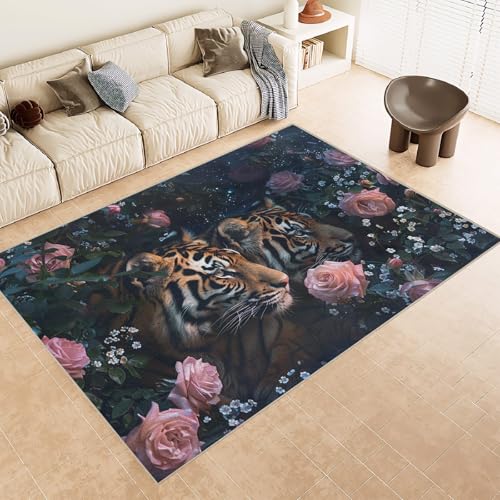 Generisch Teppich Wohnzimmer 160x230 cm 3D Druck Tiger Rose Blume Muster Teppich Kaschmirimitat Anti Rutsch Leicht zu reinigen Waschbare Rückseite für Wohn Arbeitsbereiche Perfekt für Mietwohnungen von Generisch