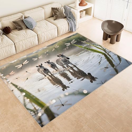 Generisch Teppich Wohnzimmer 160x230 cm 3D Druck Zebra Gras Libelle Muster Teppich Kaschmirimitat Anti Rutsch Leicht zu reinigen Waschbare Rückseite für Wohn Arbeitsbereiche Perfekt für Mietwohnungen von Generisch