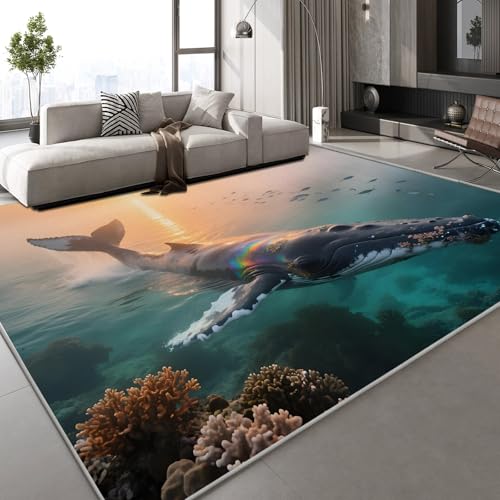 Generisch Teppich Wohnzimmer 160x230 cm Wal Unterwasser 3D Druck Koralle Natur Muster Teppich Kaschmirimitat Anti Rutsch Leicht zu reinigen Waschbare Rückseite für Wohn Arbeitsbereiche,Mietwohnungen von Generisch