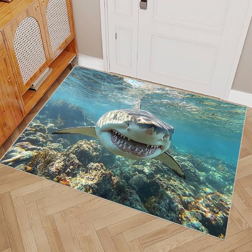 Generisch Teppich Wohnzimmer 160x230cm Unterwasserhai Teppich waschbar Waschbarer Wohnzimmerläufer mit skandinavischem Muster, langlebig, weich und maschinenwaschbar ER25-29-1223 von Generisch