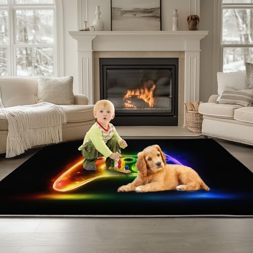 Schwarz Waschbarer Kurzflor Teppich, Gamecontroller-Leuchtreklame Weicher Rutschfester Teppich, Kurzflor Bedruckter Läufer für Innenbereich Wohnzimmer Schlafzimmer 180 x 240 cm von Generisch