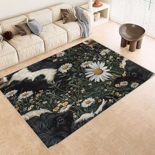 Generisch Teppich Wohnzimmer 180x240 cm 3D Druck Kuh Blumen Gras Muster Teppich Kaschmirimitat Anti Rutsch Leicht zu reinigen Waschbare Rückseite für Wohn Arbeitsbereiche Perfekt für Mietwohnungen von Generisch