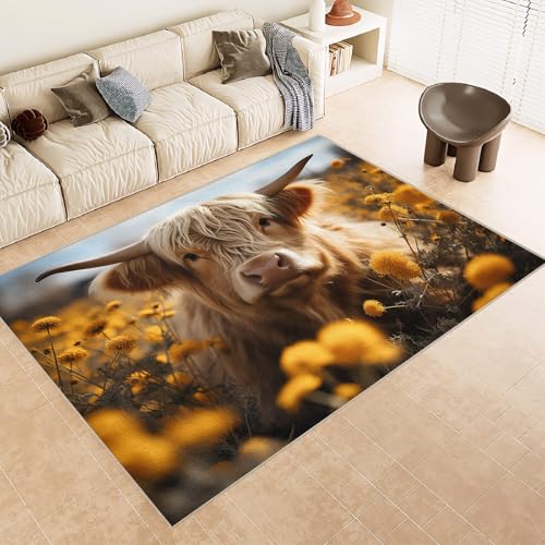 Generisch Teppich Wohnzimmer 180x240 cm 3D Druck Kuh Gelb Blumen Muster Teppich Kaschmirimitat Anti Rutsch Leicht zu reinigen Waschbare Rückseite für Wohn Arbeitsbereiche Perfekt für Mietwohnungen von Generisch
