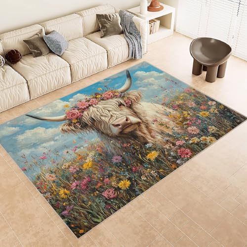 Generisch Teppich Wohnzimmer 180x240 cm 3D Druck Kuh HöRner Blumen Muster Teppich Kaschmirimitat Anti Rutsch Leicht zu reinigen Waschbare Rückseite für Wohn Arbeitsbereiche Perfekt für Mietwohnungen von Generisch