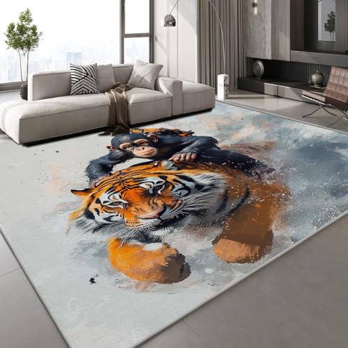 Generisch Teppich Wohnzimmer 180x240 cm 3D Druck Orang-Utan Tiger Muster Malerei Kunst Teppich Kaschmirimitat Anti Rutsch Leicht zu reinigen Waschbare Rückseite für Balkone Korridore Restaurants von Generisch