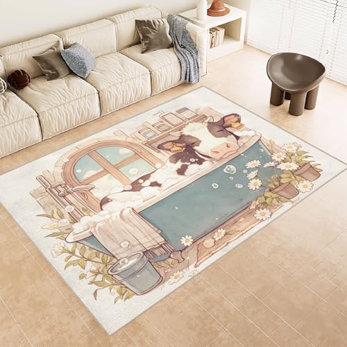 Generisch Teppich Wohnzimmer 180x240 cm 3D Druck SüßE Kuhbadewanne Muster Teppich Kaschmirimitat Anti Rutsch Leicht zu reinigen Waschbare Rückseite für Wohn Arbeitsbereiche Perfekt für Mietwohnungen von Generisch