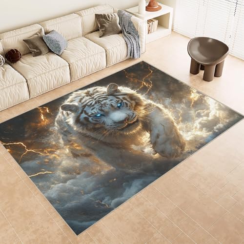 Generisch Teppich Wohnzimmer 180x240 cm 3D Druck Tiger Blitz Rauch Muster Teppich Kaschmirimitat Anti Rutsch Leicht zu reinigen Waschbare Rückseite für Wohn Arbeitsbereiche Perfekt für Mietwohnungen von Generisch
