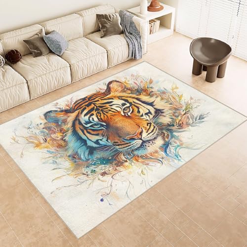 Generisch Teppich Wohnzimmer 180x240 cm 3D Druck Tiger Blumen Kunst Muster Teppich Kaschmirimitat Anti Rutsch Leicht zu reinigen Waschbare Rückseite für Wohn Arbeitsbereiche Perfekt für Mietwohnungen von Generisch
