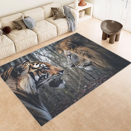 Generisch Teppich Wohnzimmer 180x240 cm 3D Druck Tiger LöWe Wald Muster Teppich Kaschmirimitat Anti Rutsch Leicht zu reinigen Waschbare Rückseite für Wohn Arbeitsbereiche Perfekt für Mietwohnungen von Generisch