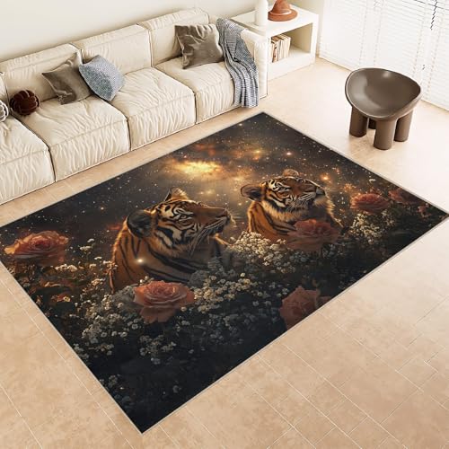 Generisch Teppich Wohnzimmer 180x240 cm 3D Druck Tiger Rose Sterne Muster Teppich Kaschmirimitat Anti Rutsch Leicht zu reinigen Waschbare Rückseite für Wohn Arbeitsbereiche Perfekt für Mietwohnungen von Generisch