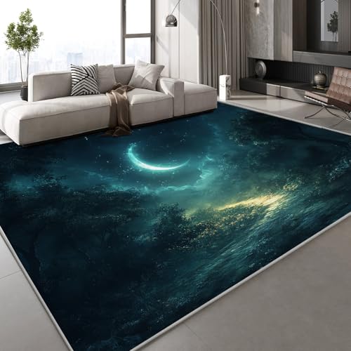 Generisch Teppich Wohnzimmer 50x80 cm 3D Druck Mond Sternenhimmel Muster Wald Natur Teppich Kaschmirimitat Anti Rutsch Leicht zu reinigen Waschbare Rückseite für Balkone Korridore Restaurants von Generisch
