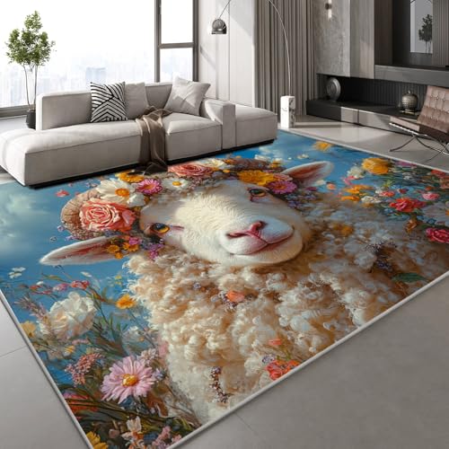 Generisch Teppich Wohnzimmer 50x80 cm Schafe Blumen 3D Druck Lackiert Natur Muster Teppich Kaschmirimitat Anti Rutsch Leicht zu reinigen Waschbare Rückseite für Wohn Arbeitsbereiche,Mietwohnungen von Generisch