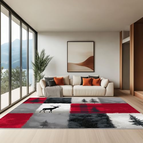 Grau Waschbarer Kurzflor Teppich, Kiefernbaum-Hirsch-Patchwork-Design Weicher Rutschfester Teppich, Kurzflor Bedruckter Läufer für Innenbereich Wohnzimmer Schlafzimmer 60 x 90 cm von Generisch