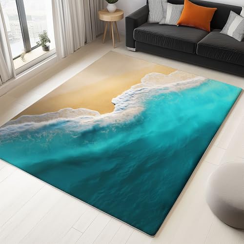 Blau Waschbarer Kurzflor Teppich, Modern Strand Meer Weicher Rutschfester Teppich, Kurzflor Bedruckter Läufer für Innenbereich Wohnzimmer Schlafzimmer 60 x 90 cm von Generisch