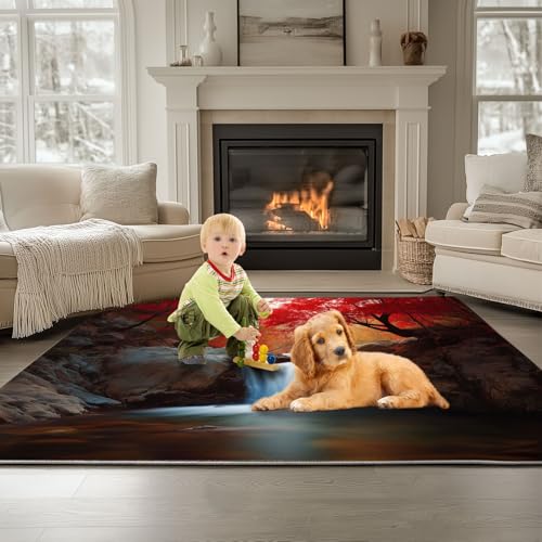 Rot Waschbarer Kurzflor Teppich, Herbstlandschaft Wasserfall Weicher Rutschfester Teppich, Kurzflor Bedruckter Läufer für Innenbereich Wohnzimmer Schlafzimmer 60 x 90 cm von Generisch