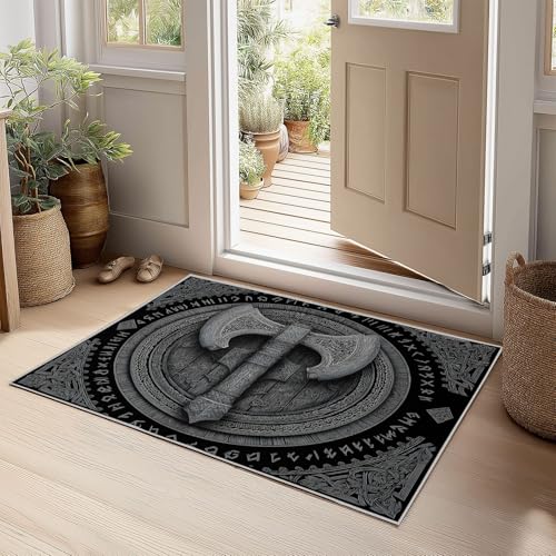 Generisch Teppich Wohnzimmer 80 x 150 cm Waschbarer Kurzflor Teppich, Flauschig rutschfest Vintage Wikinger Axt Schild – Pflegeleicht für Flur Wohnzimmer Schlafzimmer & Esszimmer Grau Generisch Teppich Wohnzimmer 80 x 150 cm Waschbarer Kurzflor Teppich, Flauschig rutschfest Vintage Wikinger Axt Schild – Pflegeleicht für Flur Wohnzimmer Schlafzimmer & Esszimmer Grau von Generisch