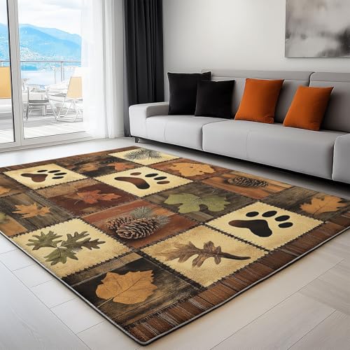 Generisch Teppich Wohnzimmer 80x150 cm, Waschbarer Teppich Rustikales Patchwork-Muster, mit Rutschfester Rückseite, Weich Kurzflor Kindersicher Pflegeleicht Braun Matte für Büro Esszimmer von Generisch
