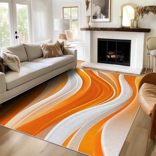 Generisch Teppich Wohnzimmer Abstrakt Linie, Wohnzimmerteppich Orange Weiß Modern 200 x 250 cm, Flanell Weich Kurzflor Teppiches, Waschbarer Teppich rutschfest für Schlafzimmer Deko V-N6 von Generisch