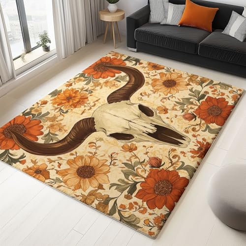 Generisch Teppich Wohnzimmer Blumen Kuhschädel 140x200cm Schlafzimmer rutschfest Kurzflor Teppich, Modernes Waschbar Design, Weich langlebig und Pflegeleicht von Generisch