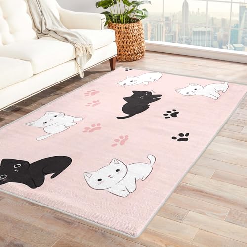 Generisch Teppich Wohnzimmer Cartoon Katze, Wohnzimmerteppich Niedlich Tier Kinder 160 x 230 cm, Flanell Weich Kurzflor Teppiches, Waschbarer Teppich rutschfest für Schlafzimmer Deko V-N9 von Generisch