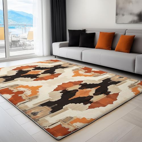 Generisch Teppich Wohnzimmer Ethnische Drucke, Rutschfester Kurzflor Teppich Schlafzimmer 80x150 cm Flauschig Waschbar Pflegeleicht Weich Türmatte, Orange Farbe von Generisch