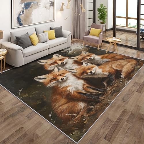 Generisch Teppich Wohnzimmer Füchse, Niedlich Tier Kinder Teppich Kinderzimmer rutschfest Flanell, Bettvorleger Kurzflor Waschbarer Schlafzimmer, Kinderteppich 120x180cm von Generisch
