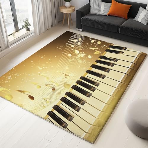 Generisch Teppich Wohnzimmer Goldene Klaviertasten Mit Musiknoten 180x240cm Schlafzimmer rutschfest Kurzflor Teppich, Modernes Waschbar Design, Weich langlebig und Pflegeleicht von Generisch