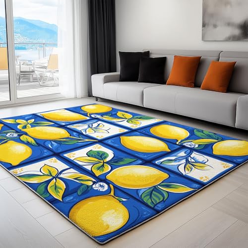 Generisch Teppich Wohnzimmer Handbemalte Fliesen Mit Zitronenblättern 160 x 230 cm Flanel Teppich, für Küche Esszimmer und Schlafzimmer Fußmatte, Blau Kurzflor Teppiche Extra Weich Pflegeleicht von Generisch